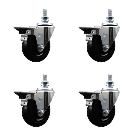 Service Caster 4 Inch Hard Rubber 12 Inch Threaded Stem Caster Set with Brake SCC-TS20S414-HRS-PLB-121315-4